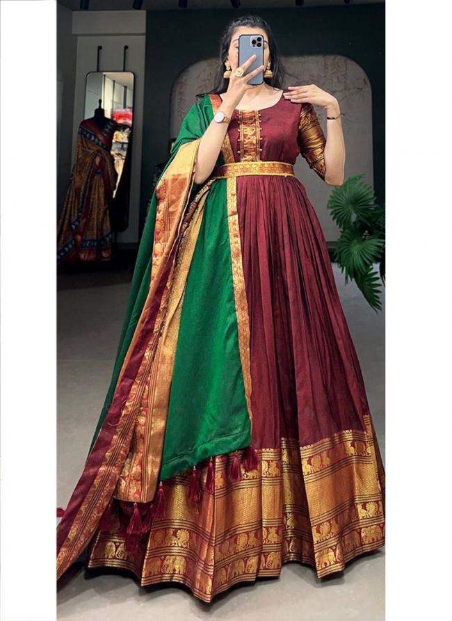 Cotton Maroon Traditional Wear Zari Work Readymade Gown With Dupatta